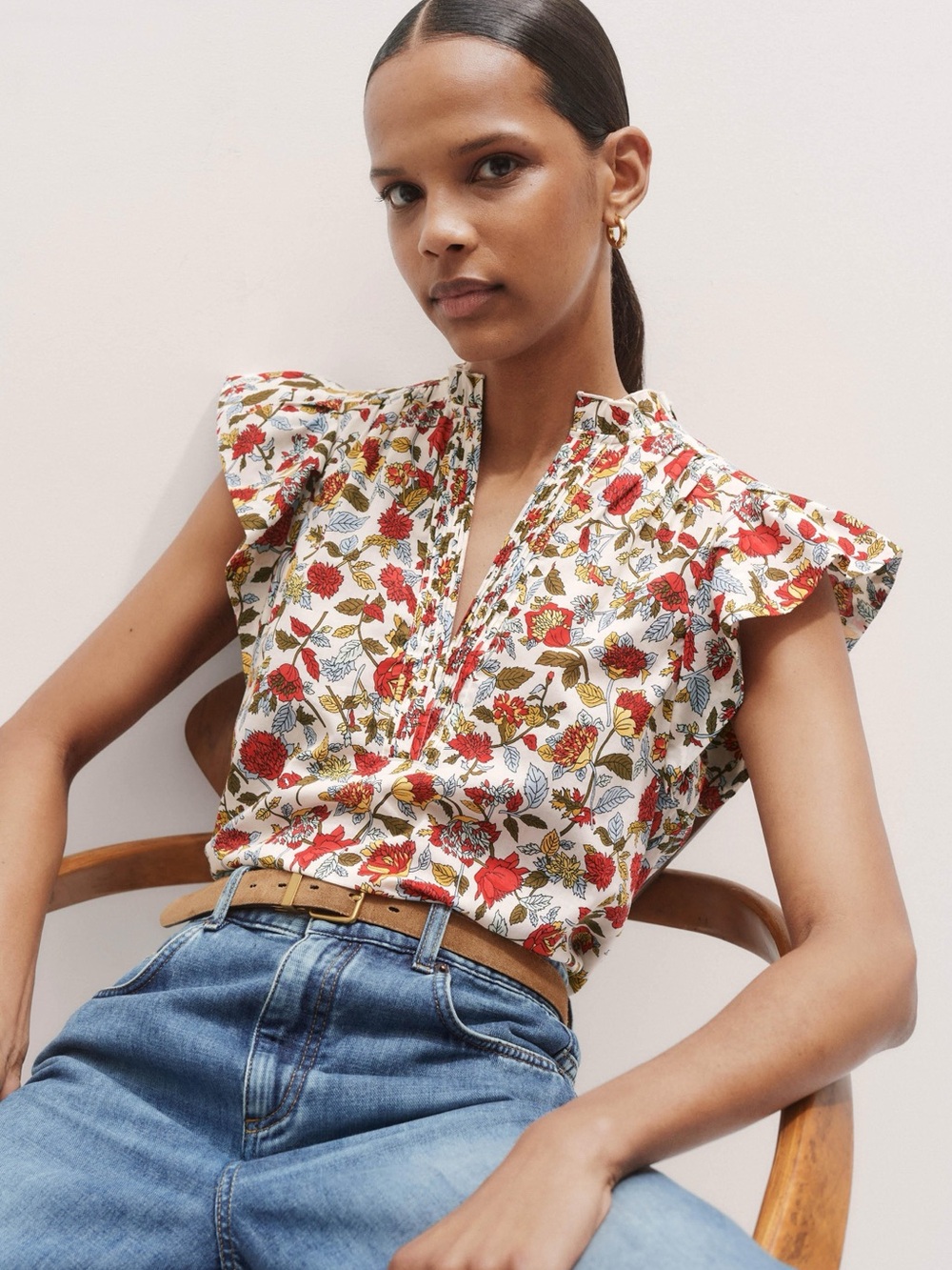 ME+EM Cotton Voile Rosebush Floral Print Pintuck Flutter Sleeve Top Size 8